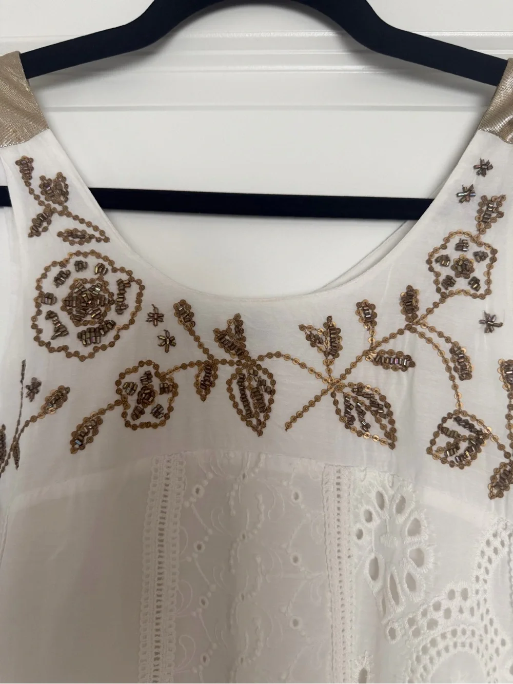 Sleeveless White Mini Dress with Gold Embroidery - Picture 2 of 7